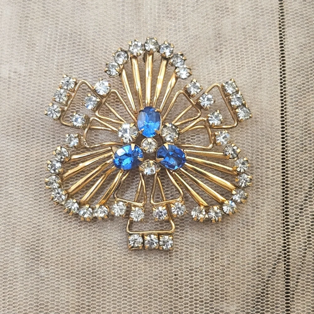 Vintage Signed 1/20 12k Gold Filled Brooch Pin With Blue Topaz & Clear Stones